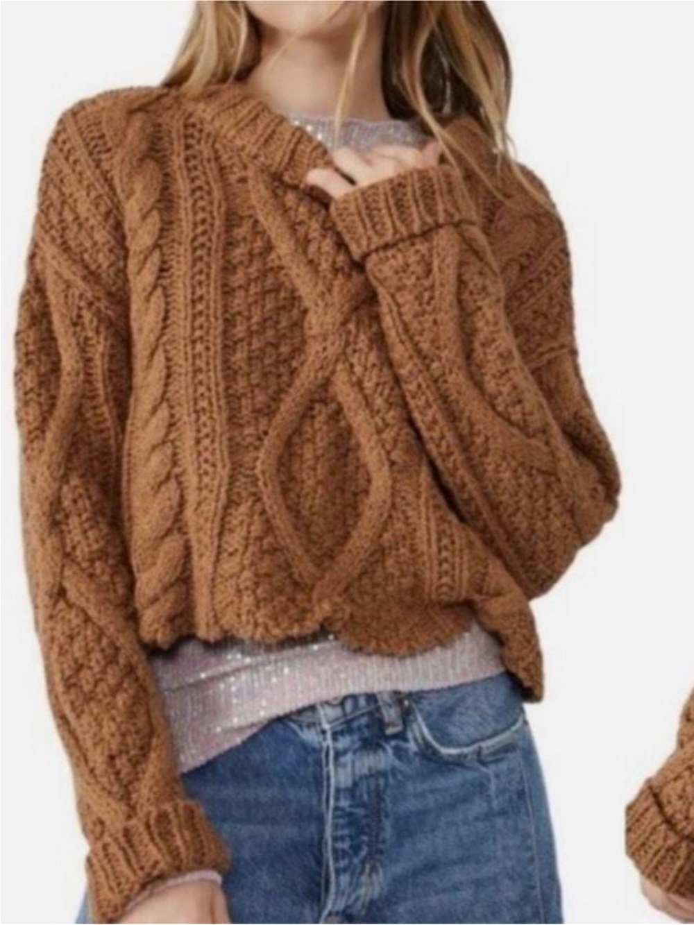100% Cotton Brown Cable Knit Women's Sweater